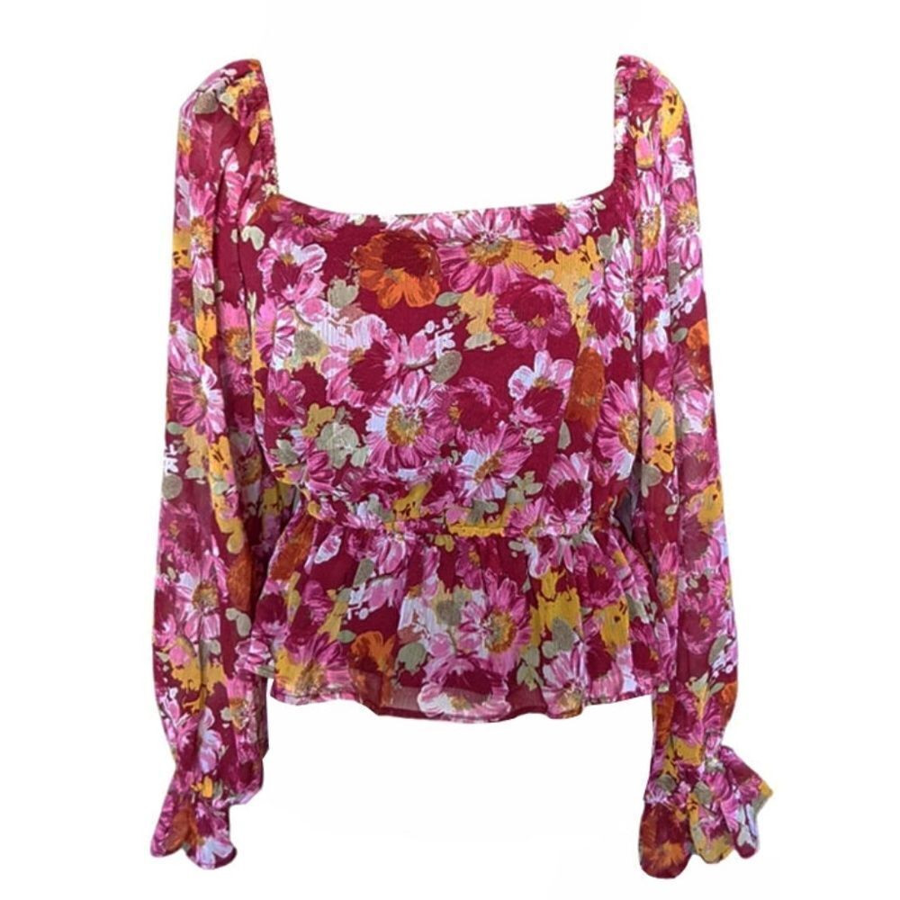 Wayf, Burgundy Floral Cropped Peplum Long Puff Sleeve Blouse - Size L, Red Multi
